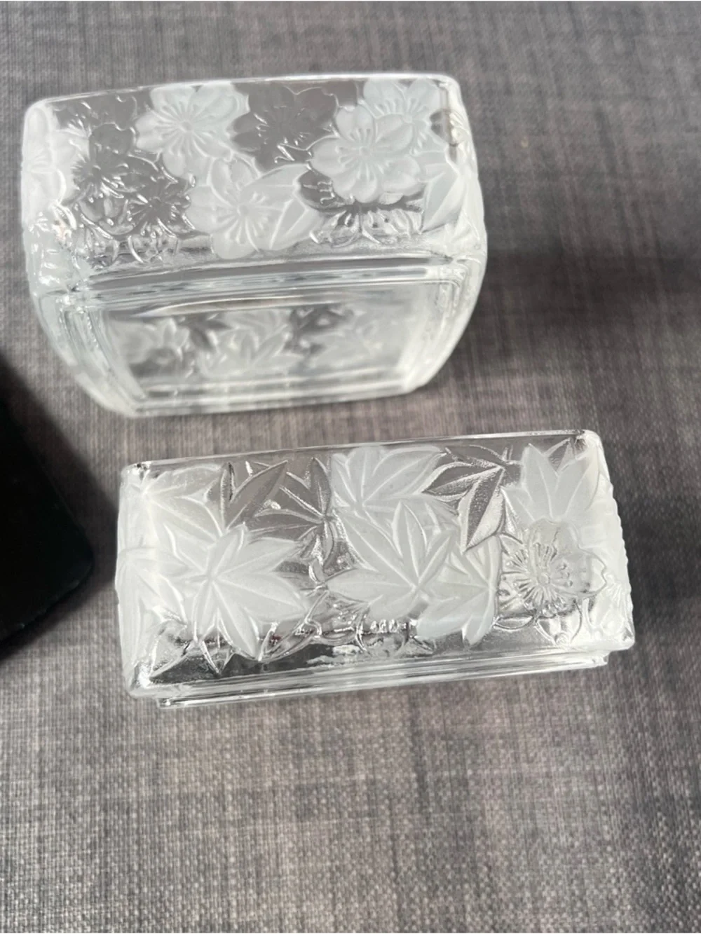Princess House Fantasia Frosted Floral Glass Jewelry Jar with Black Lid